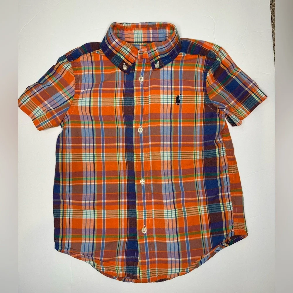 Ralph Lauren Kids Plaid Shirt - Orange and Blue Short Sleeve Pony Logo 3T